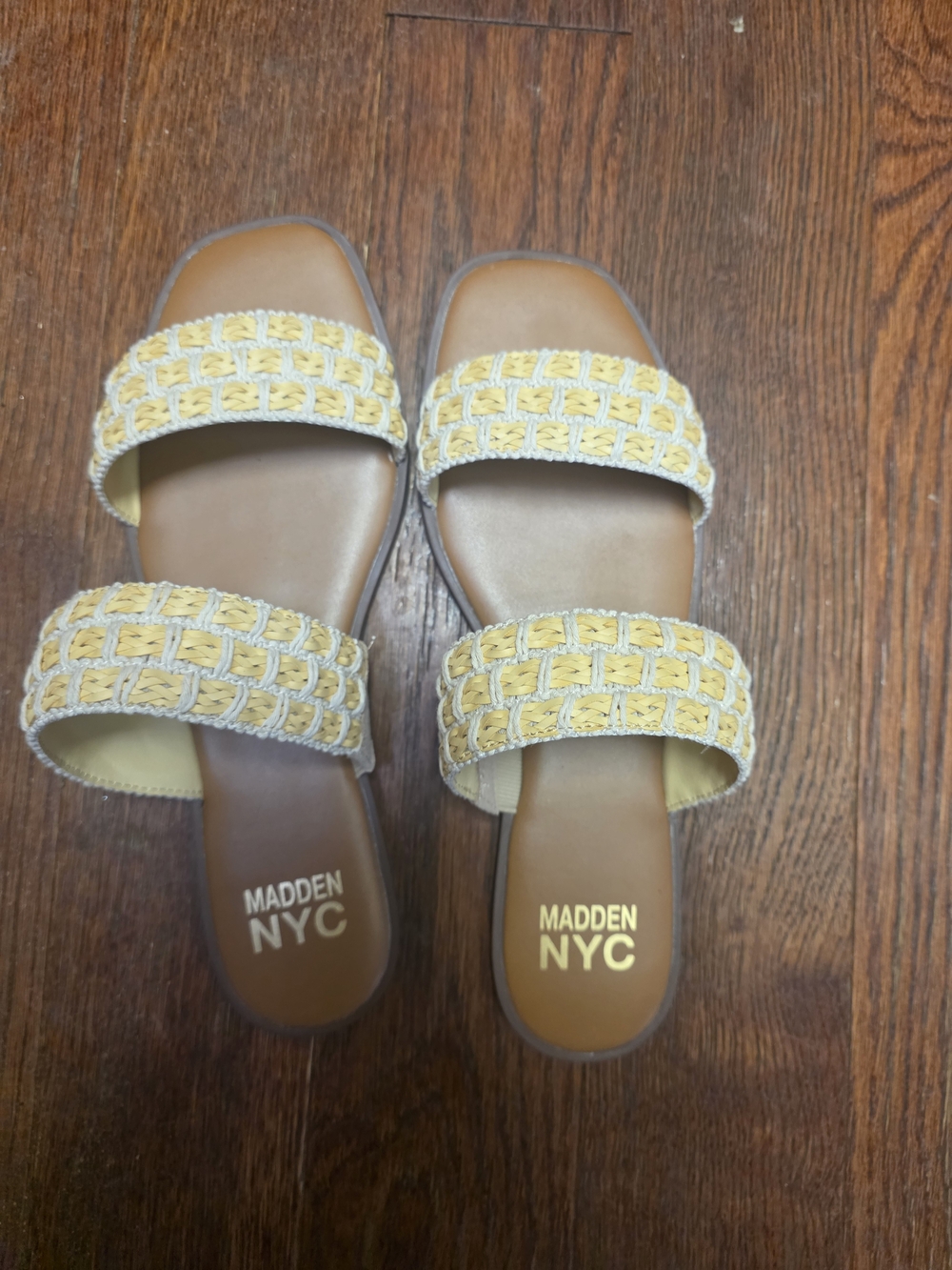 Madden NYC Women's Yellow Woven Double-Strap Slide Sandals